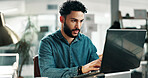 Reading, planning or man with laptop in agency, feedback notes or app development guidelines for program. Review, pc or developer with idea for ai system integration, feature request email or update
