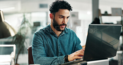 Buy stock photo Reading, planning or man with laptop in agency, feedback notes or app development guidelines for program. Review, pc or developer with idea for ai system integration, feature request email or update