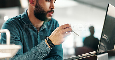 Buy stock photo Thinking, review or man in office with laptop, campaign research or feedback on marketing pitch. Plan, flare or creative director with tech, advertising proposal or report insight for brand awareness