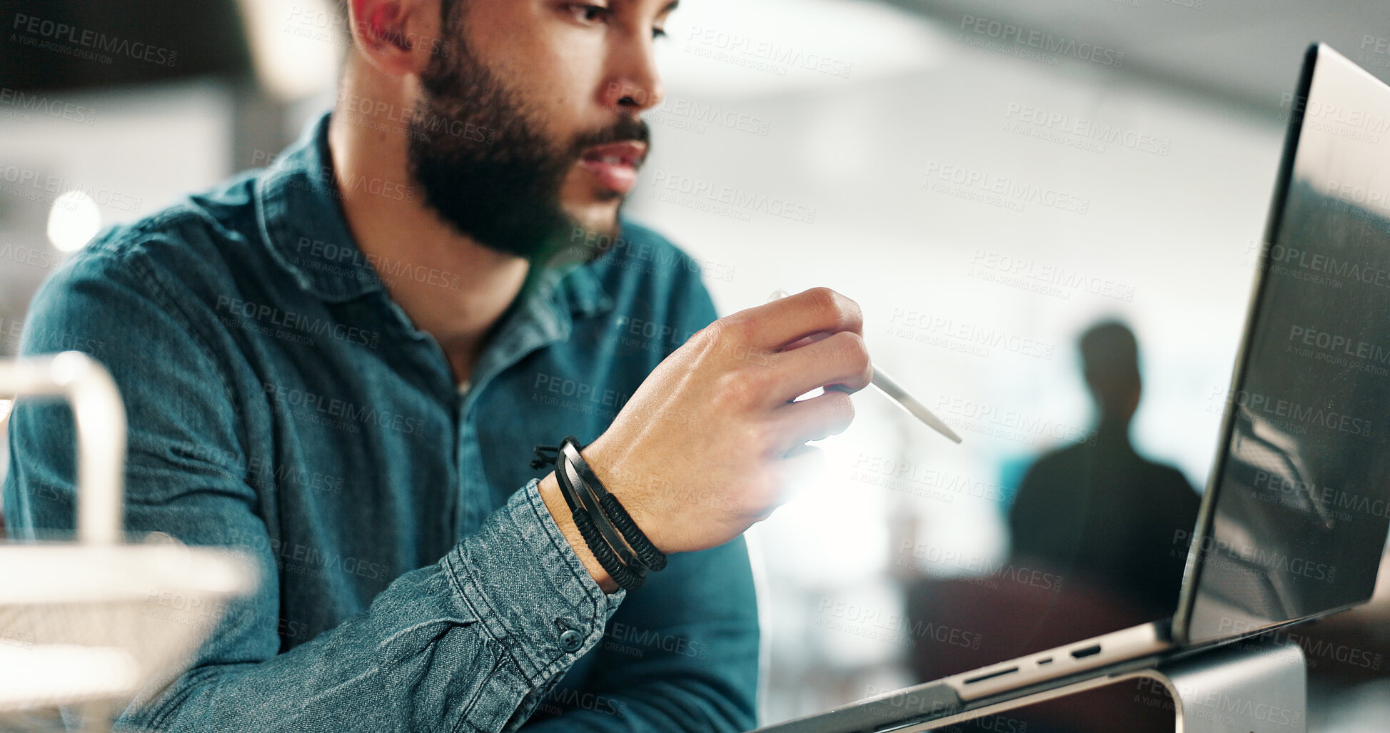 Buy stock photo Thinking, review or man in office with laptop, campaign research or feedback on marketing pitch. Plan, flare or creative director with tech, advertising proposal or report insight for brand awareness
