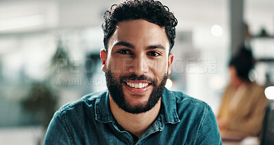 Buy stock photo Portrait, creative and man in office, smile and career ambition for submission. Person, employee and journalist in workplace, happiness and pride for news report, copywriting business and startup