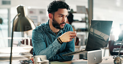 Buy stock photo Reading, serious and man with laptop in creative agency, brand voice planning and copywriting proposal. Review, trends research and copywriter with email for campaign feedback, marketing and computer
