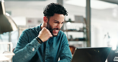 Buy stock photo Man, laptop and smile in office with celebration, networking and fist pump for deal. Excited person, entrepreneur bonus and approval with tech for project, planning and success at publishing startup