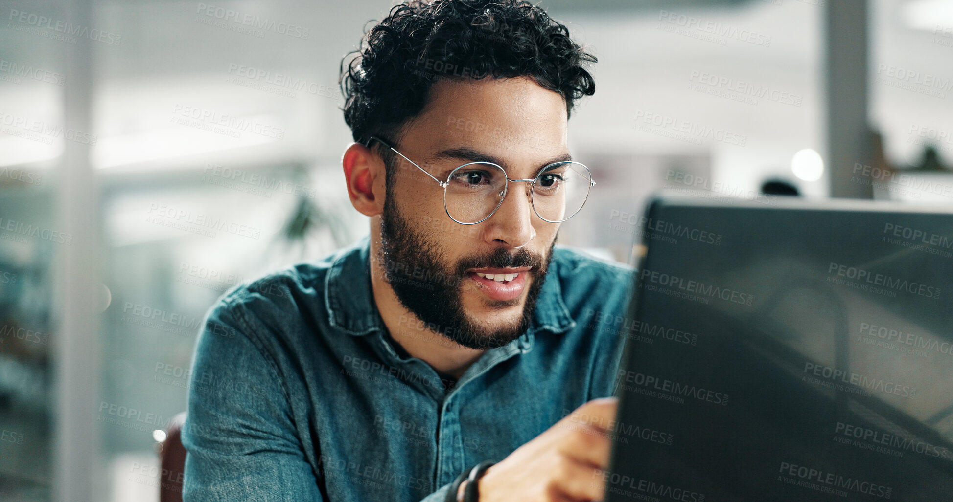 Buy stock photo Laptop, reading or business man in company for newsletter, creative story and copywriting with ads. Computer, person and copywriter in workplace to check research, proofreading and email marketing