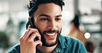 Man, phone call and smile in office with conversation, networking and night for deal. Entrepreneur person, feedback and discussion with tech for negotiation, planning or project at publishing startup