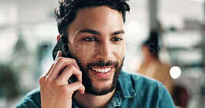 Buy stock photo Man, phone call and smile in office with conversation, networking or contact for deal. Entrepreneur person, feedback or discussion with tech for negotiation, planning or project at publishing startup