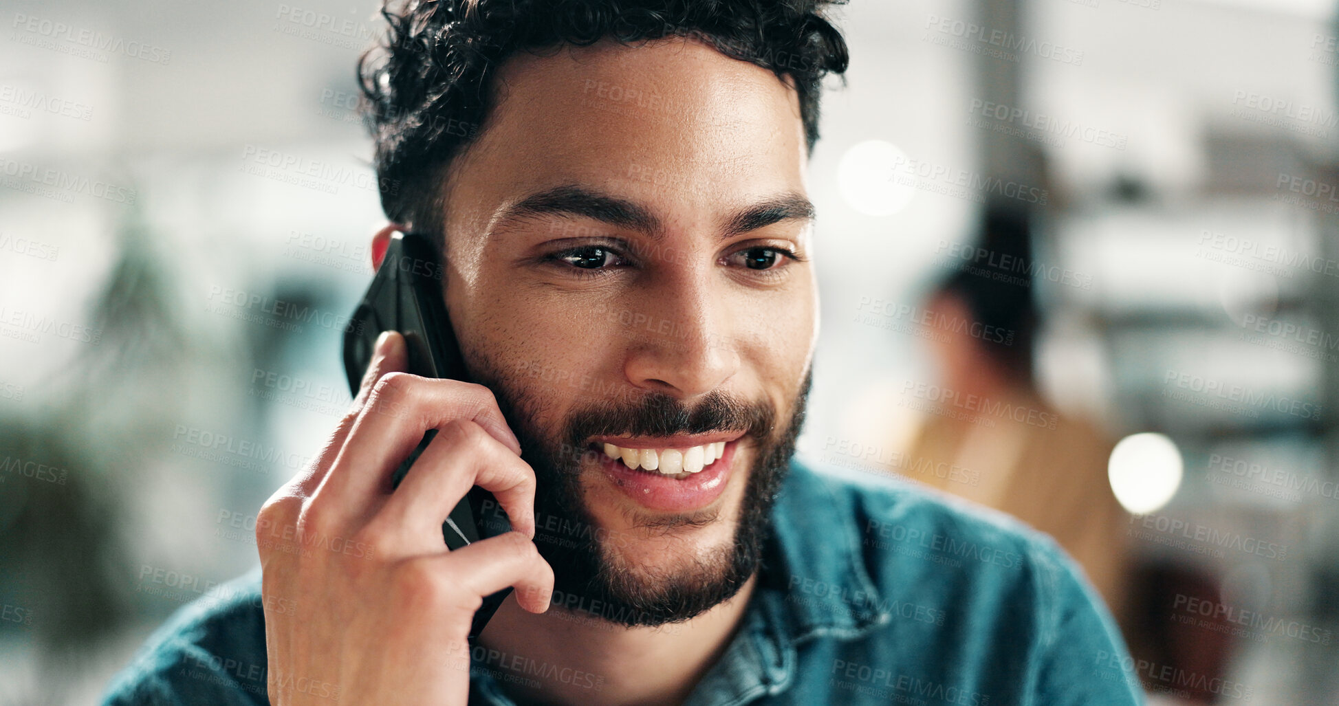 Buy stock photo Man, phone call and smile in office with conversation, networking or contact for deal. Entrepreneur person, feedback or discussion with tech for negotiation, planning or project at publishing startup