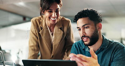 Buy stock photo Man, woman and tablet with review at office for collaboration, happy and project at finance company. People, broker and advisor with tech, application or feedback for asset management at agency