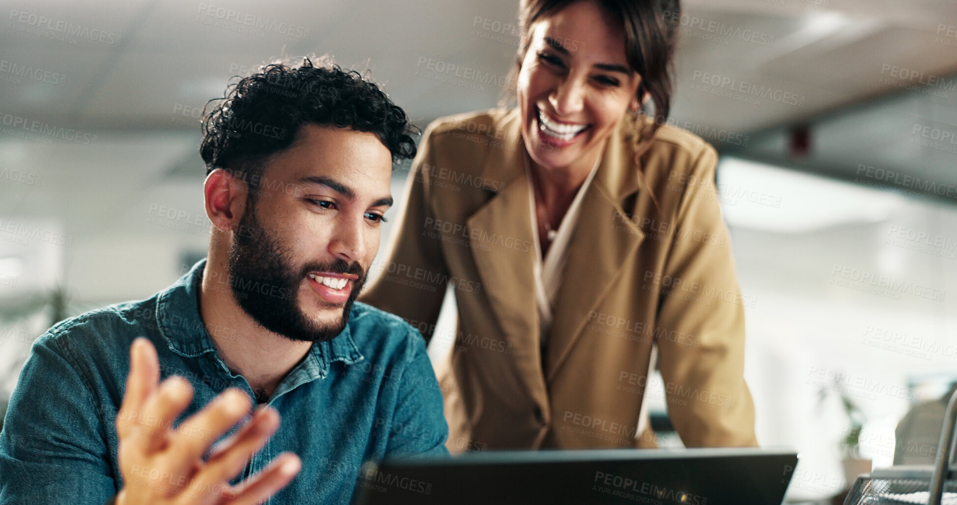 Buy stock photo People, laptop and smile in office with conversation, networking and advice for deal. Entrepreneur team, feedback and discussion with tech for negotiation, planning or project at publishing startup