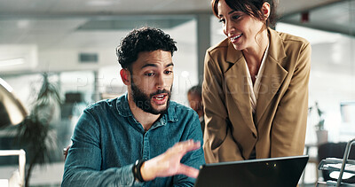 Buy stock photo Manager, people and explain in office with laptop, story idea and proposal for journalist investigation. Team, discussion and management opinion in newsroom with computer, plan and draft for article.