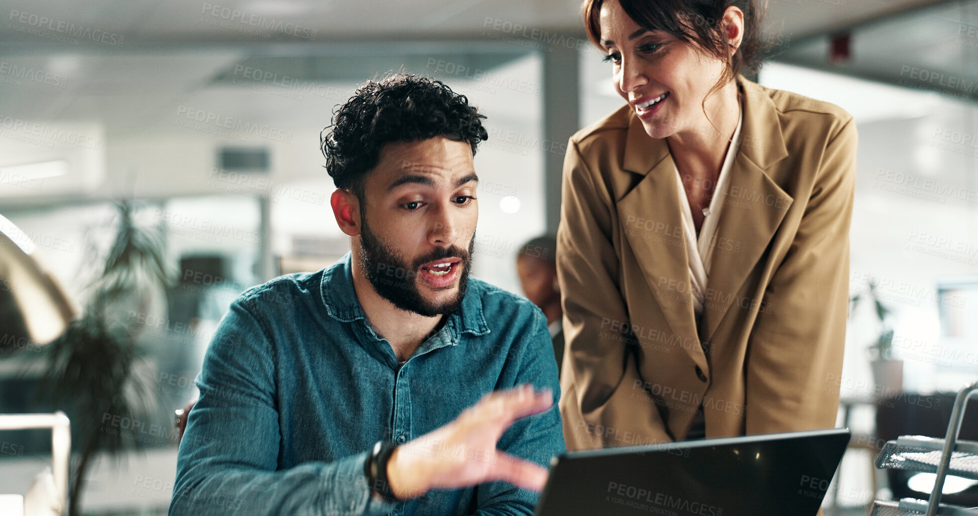 Buy stock photo Manager, people and explain in office with laptop, story idea and proposal for journalist investigation. Team, discussion and management opinion in newsroom with computer, plan and draft for article.