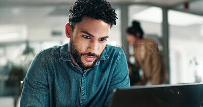 Buy stock photo Thinking, review or man in office with laptop, research or feedback on campaign pitch. Marketing, business or creative director with tech, advertising proposal or report planning for brand awareness.