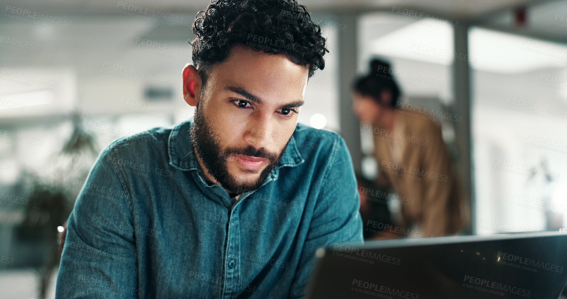 Buy stock photo Thinking, review or man in office with laptop, research or feedback on campaign pitch. Marketing, business or creative director with tech, advertising proposal or report planning for brand awareness.