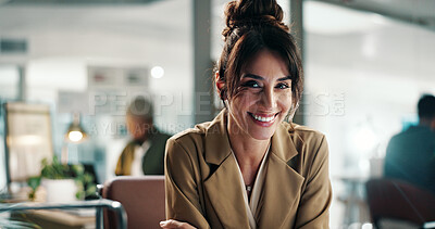 Buy stock photo Marketing, portrait or woman in office with smile, pride or job goals in advertisement agency. Coworking, career or mature branding director with confidence, work or experience as media planner.