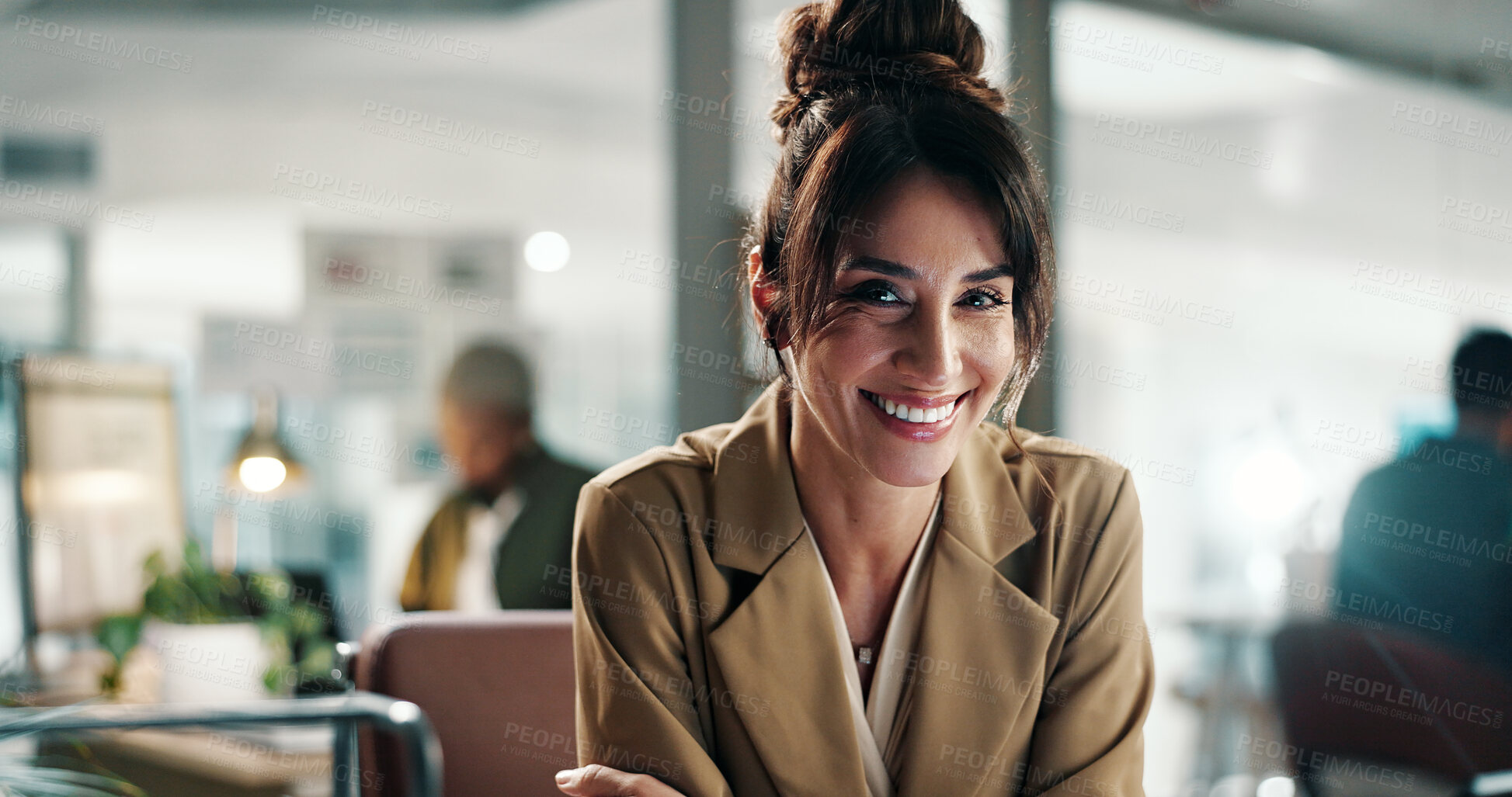 Buy stock photo Marketing, portrait or woman in office with smile, pride or job goals in advertisement agency. Coworking, career or mature branding director with confidence, work or experience as media planner.