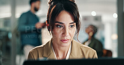 Buy stock photo Thinking, review or woman in office with laptop, research or feedback on marketing pitch. Reading, bokeh or mature creative director with tech, campaign proposal or report insight for brand awareness