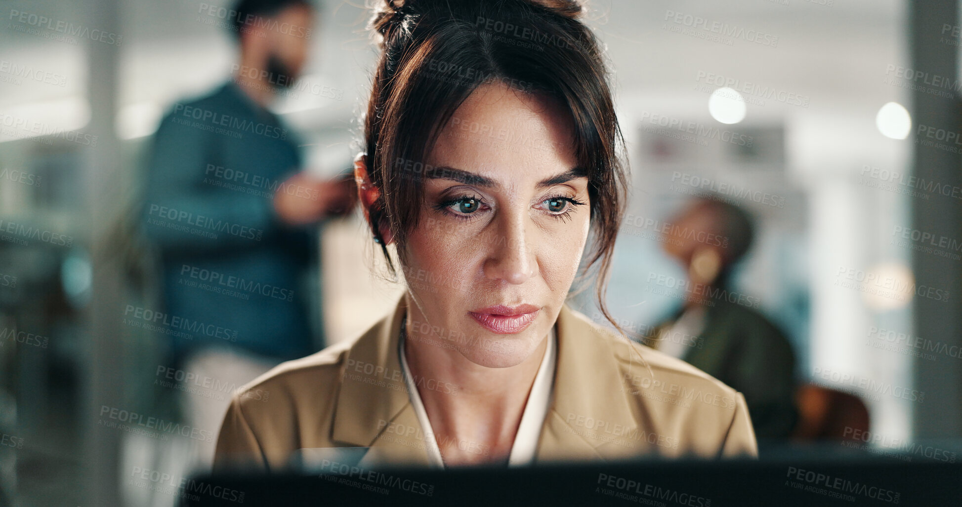 Buy stock photo Thinking, review or woman in office with laptop, research or feedback on marketing pitch. Reading, bokeh or mature creative director with tech, campaign proposal or report insight for brand awareness