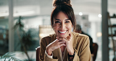 Buy stock photo Marketing, portrait or woman in workplace with smile, pride or career in advertisement agency. Happy, opportunity or mature brand director with confidence, work or experience in campaign management.
