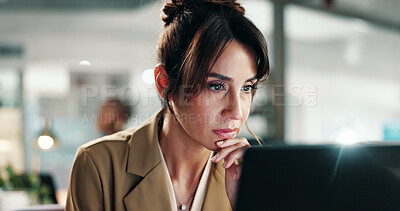 Buy stock photo Laptop, thinking or business woman in office for compliance review, project or problem solving. Computer, mature person or advisor in workplace for insight, reading email or policy planning with idea