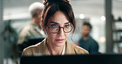 Buy stock photo Journalist, woman and glasses in office with laptop, research and online investigation for article. Coworking, mature person and review news report with computer, business website or check blog post