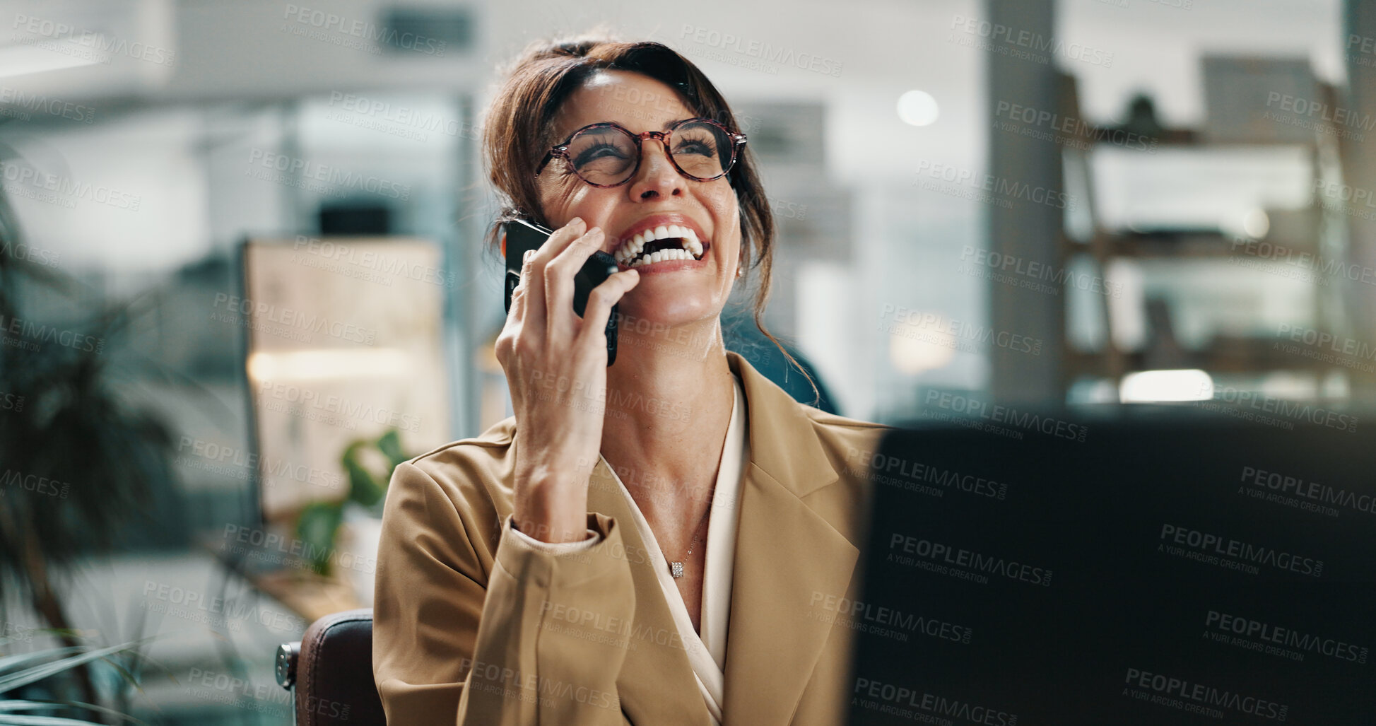Buy stock photo Woman, phone call and laugh in office with conversation, networking and joke for writer deal. Entrepreneur, smile and discussion with tech for negotiation, planning or project at publishing startup