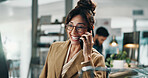 Woman, phone call and smile in office with conversation, networking or excited for deal. Entrepreneur person, happy and discussion with tech for negotiation, planning or project at publishing startup