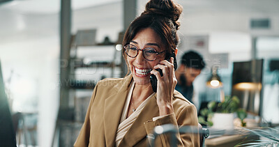 Buy stock photo Woman, phone call and smile in office with conversation, networking or excited for deal. Entrepreneur person, happy and discussion with tech for negotiation, planning or project at publishing startup