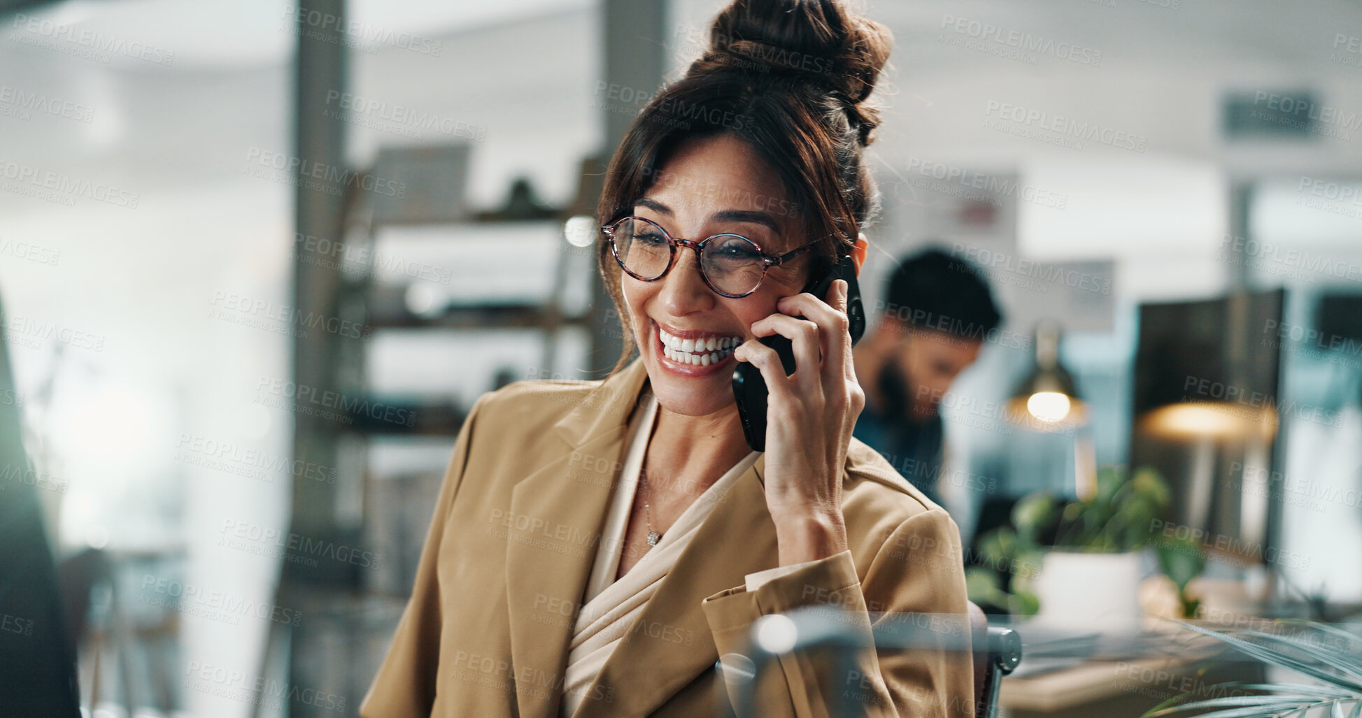 Buy stock photo Woman, phone call and smile in office with conversation, networking or excited for deal. Entrepreneur person, happy and discussion with tech for negotiation, planning or project at publishing startup
