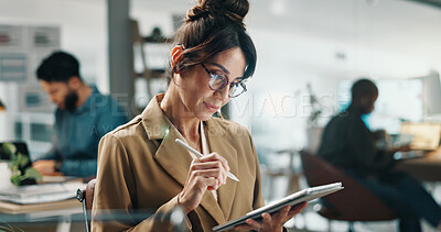 Buy stock photo Reading, tablet or mature woman in office, publishing deadline or review story for digital media site. Editing, tech or journalist with app for grammar check, news article planning or source research