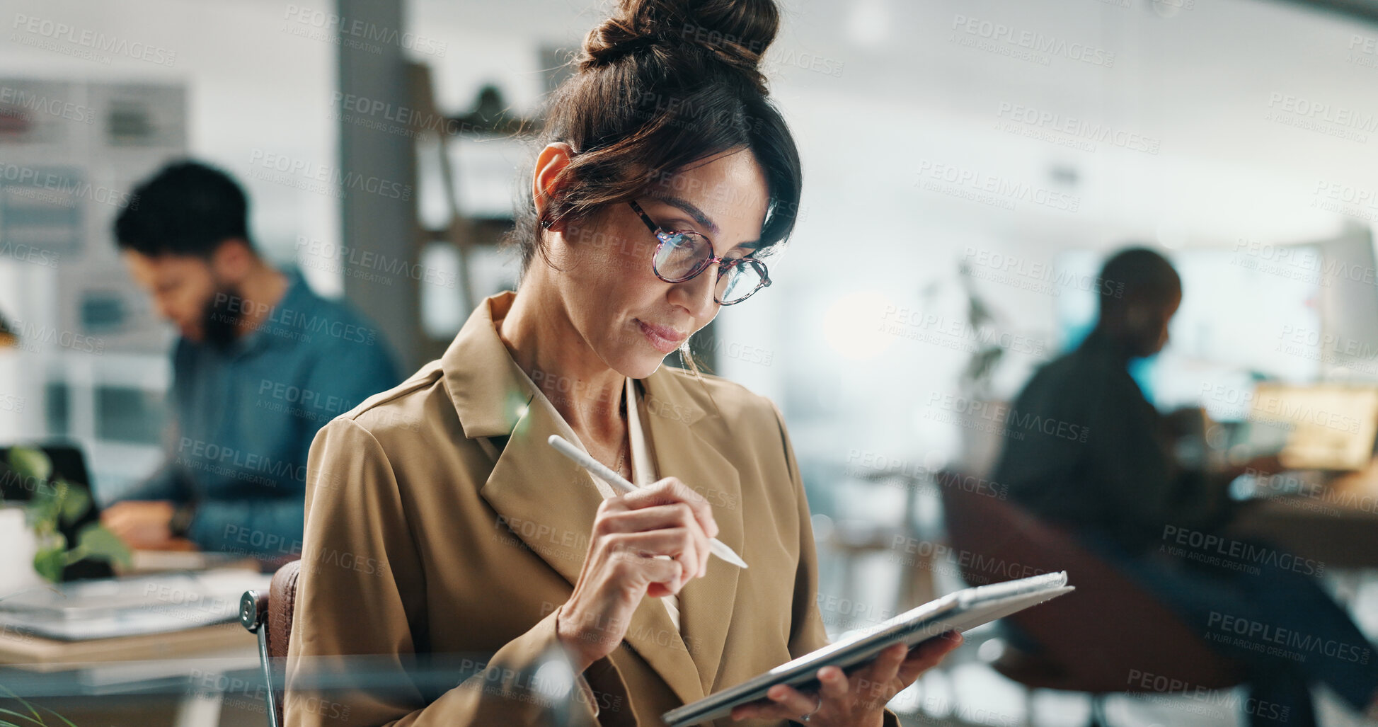 Buy stock photo Reading, tablet or mature woman in office, publishing deadline or review story for digital media site. Editing, tech or journalist with app for grammar check, news article planning or source research