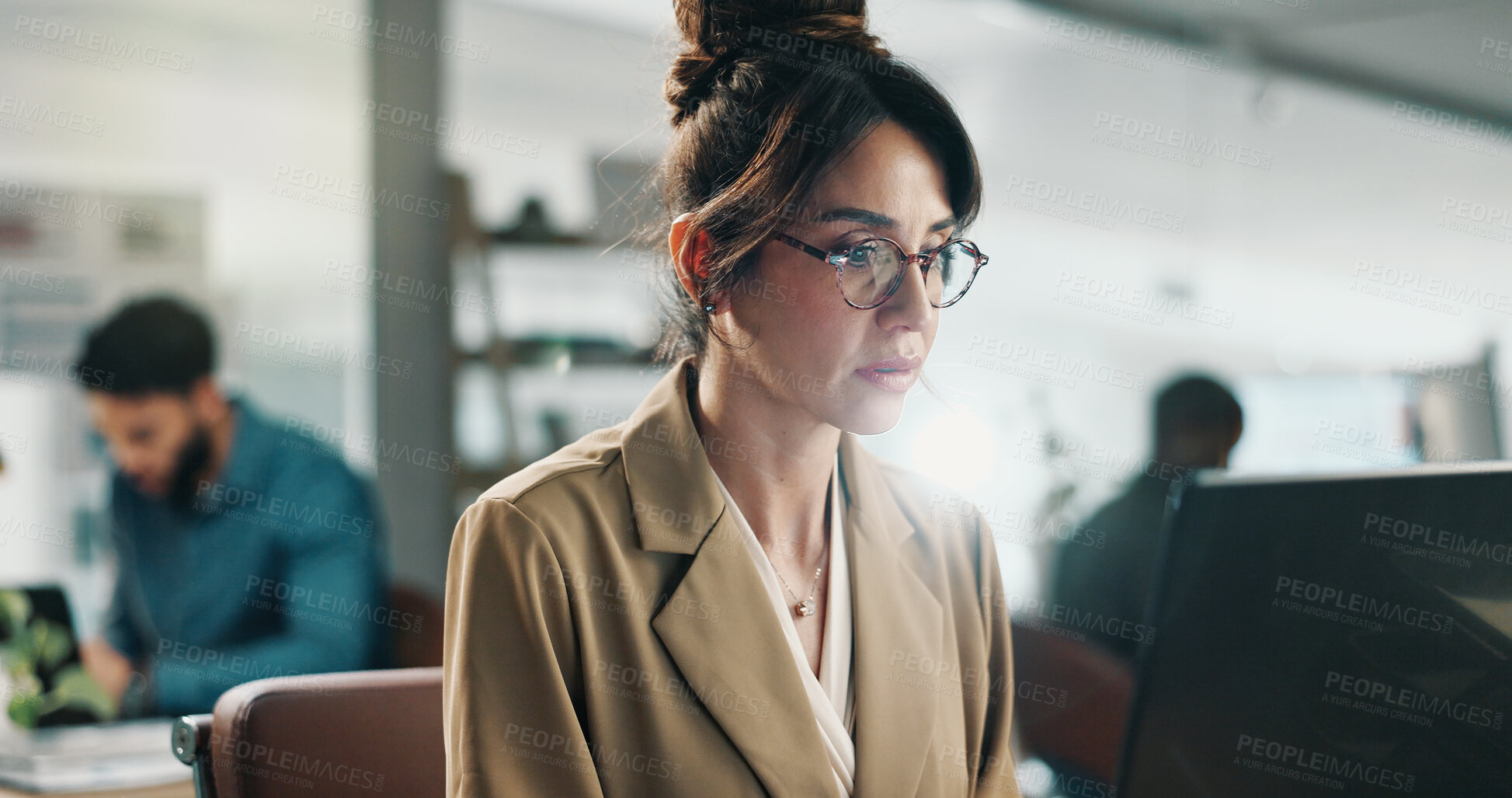 Buy stock photo Writer, woman and reading in office with laptop, research and online investigation for news article. Coworking, mature person and journalist in agency with computer, glasses and check story for blog.