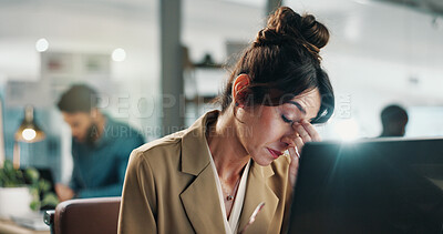 Buy stock photo Woman, headache and challenge in office with laptop, burnout or fatigue for journalist investigation. Coworking, mature person and writer in workplace with computer, migraine or crisis for fake news.