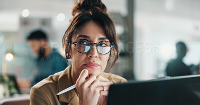 Buy stock photo Laptop, idea and business woman at work for compliance review, problem solving or think of project. Computer, mature person or advisor in office for insight, risk management or policy planning
