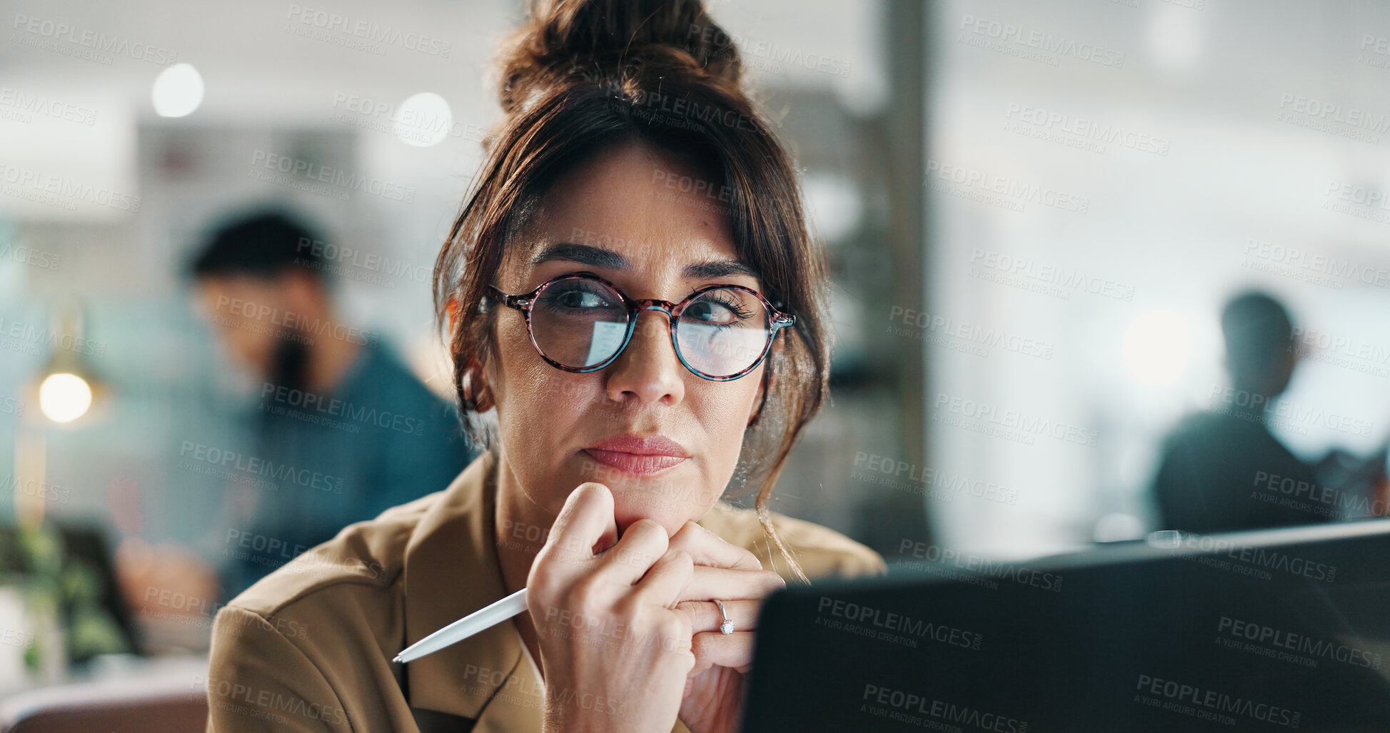 Buy stock photo Laptop, idea and business woman at work for compliance review, problem solving or think of project. Computer, mature person or advisor in office for insight, risk management or policy planning