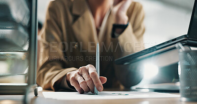 Buy stock photo Business person, hands or thinking with pen on laptop in office for schedule planning or decision. Thoughtful, employee or analyst contemplating with documents or computer for company tasks or agenda