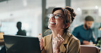 Woman, laptop and excited in office with celebration, networking and fist pump for deal. Happy person, entrepreneur bonus and approval with tech for project, planning or success at publishing startup