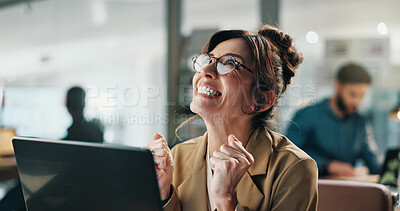 Buy stock photo Woman, laptop and excited in office with celebration, networking and fist pump for deal. Happy person, entrepreneur bonus and approval with tech for project, planning or success at publishing startup