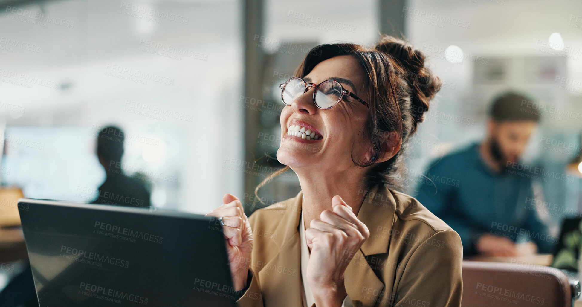 Buy stock photo Woman, laptop and excited in office with celebration, networking and fist pump for deal. Happy person, entrepreneur bonus and approval with tech for project, planning or success at publishing startup