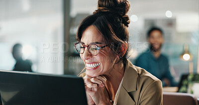 Buy stock photo Woman, laptop and smile in office with celebration, networking and excited for deal. Happy person, entrepreneur bonus and approval with tech for project, planning or success at publishing startup