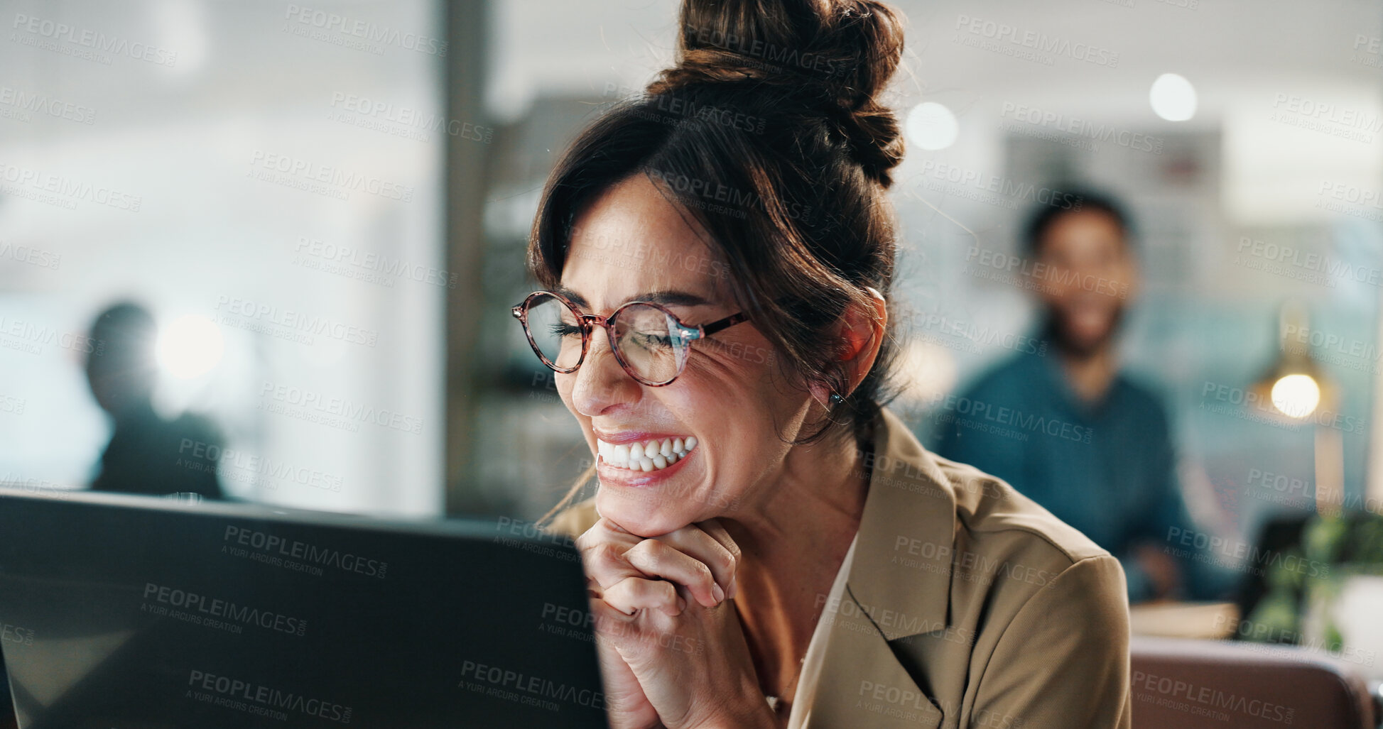 Buy stock photo Woman, laptop and smile in office with celebration, networking and excited for deal. Happy person, entrepreneur bonus and approval with tech for project, planning or success at publishing startup
