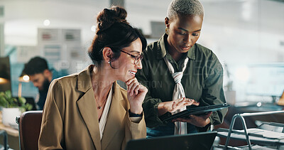 Buy stock photo Women, tablet and team with laptop in office at typing, review and collaboration for project at finance company. Business people, tech and app with report, feedback or asset management job at agency