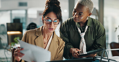 Buy stock photo Women, tablet and team with documents in office for budget, review or report for project at finance company. Business people, tech and app with collaboration, feedback and asset management at agency