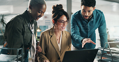 Buy stock photo Business people, laptop and team with discussion in office, review or project at finance company. Women, man and smile with computer, feedback report or problem solving at asset management agency