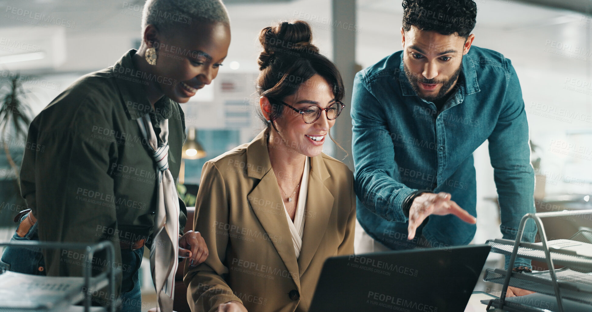 Buy stock photo Business people, laptop and team with discussion in office, review or project at finance company. Women, man and smile with computer, feedback report or problem solving at asset management agency