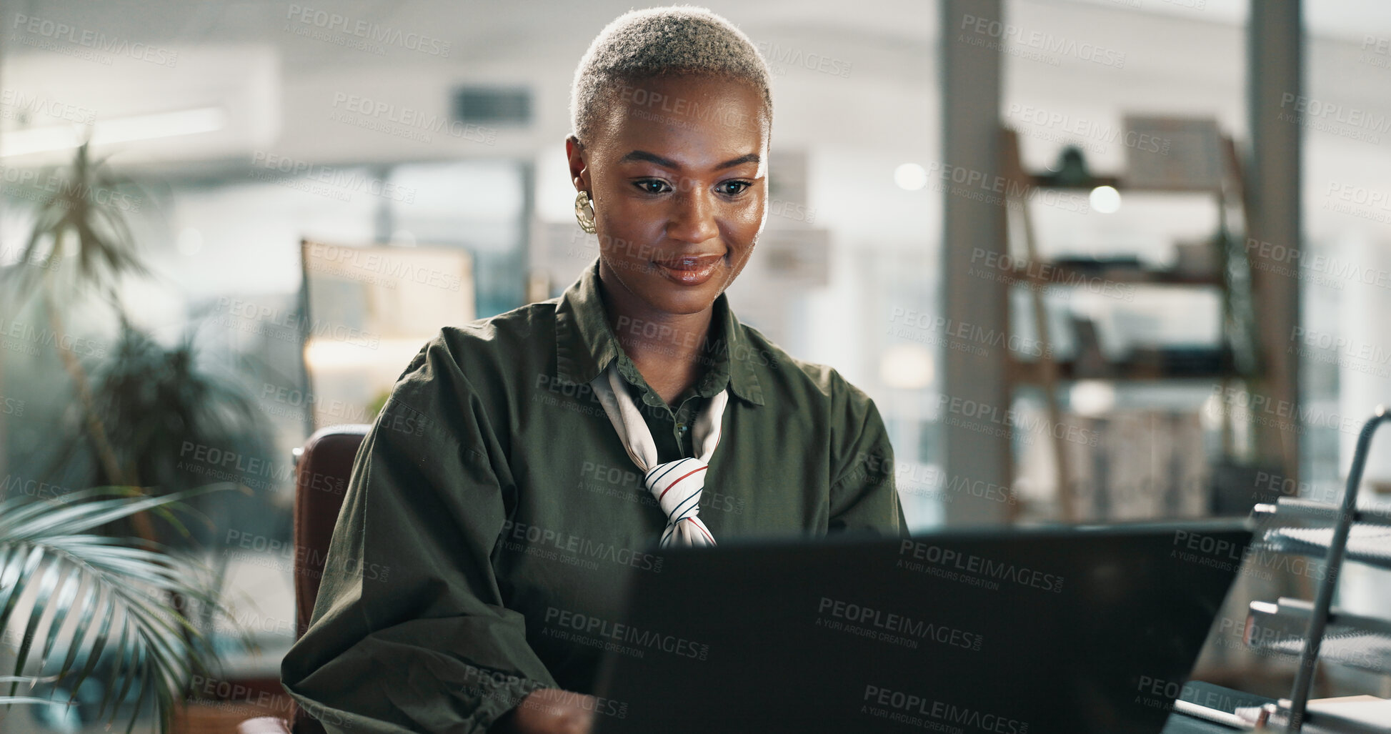 Buy stock photo Writer, reading and black woman in office with laptop, research or online investigation for article. Journalist, person and review news report in agency with computer, website or check story for blog