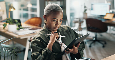 Buy stock photo Journalism, tablet and thinking with black woman in office for online magazine or proofreading article. App, editing and virtual publication with journalist in workplace for feedback, ideas or review