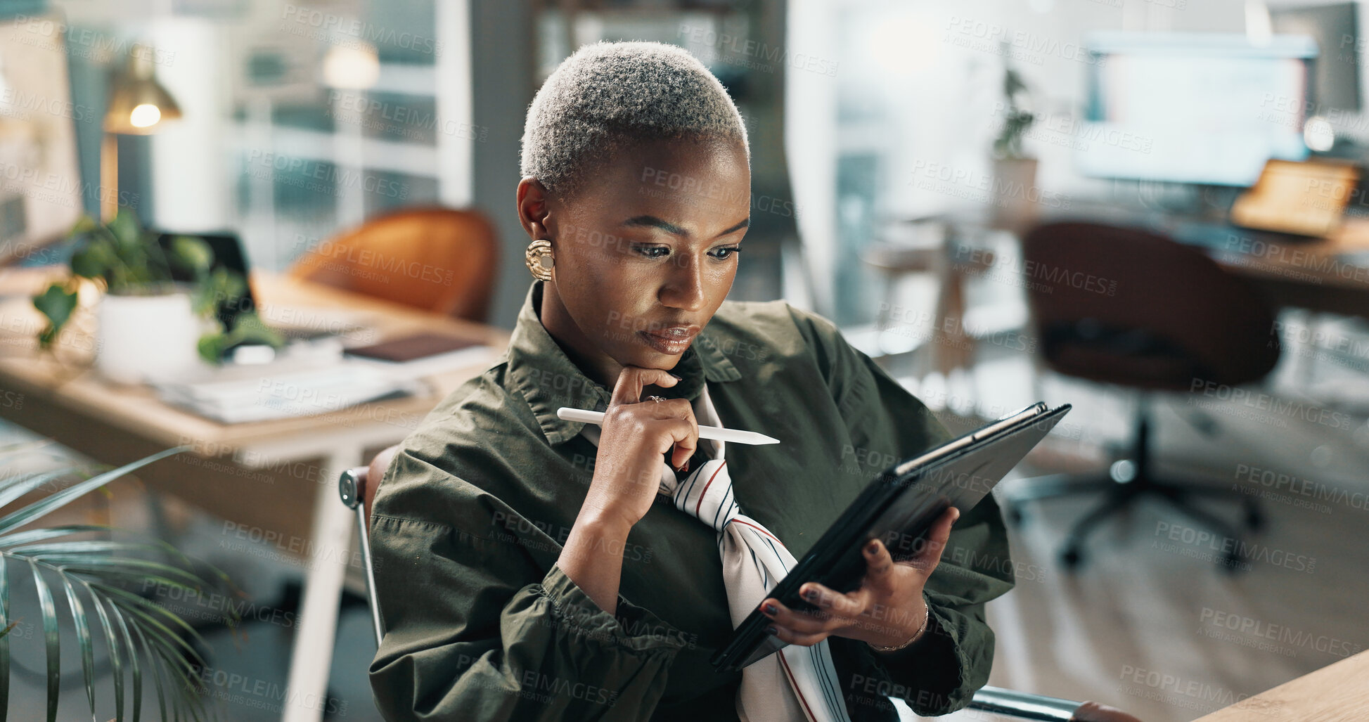 Buy stock photo Journalism, tablet and thinking with black woman in office for online magazine or proofreading article. App, editing and virtual publication with journalist in workplace for feedback, ideas or review