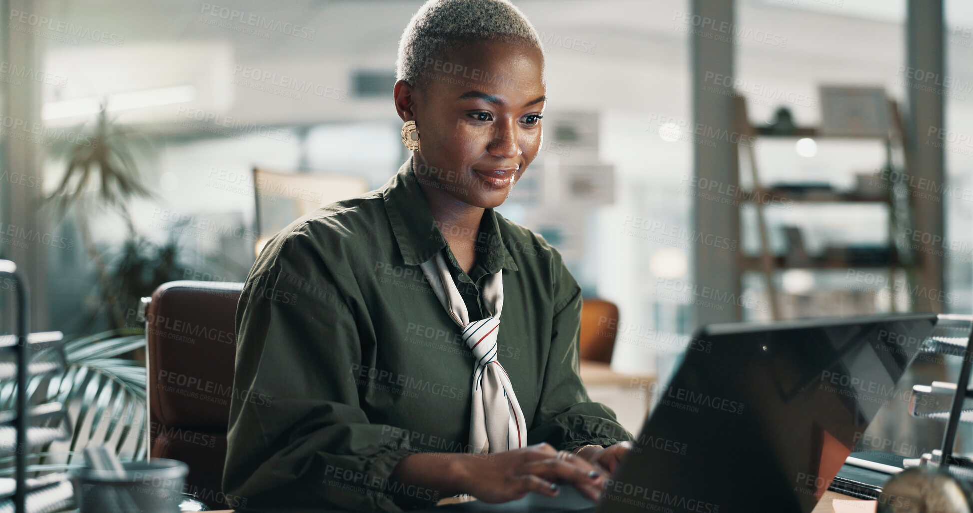 Buy stock photo Writer, typing and black woman in office with laptop, research or online investigation for article. Journalist, person and review news report in agency with computer, website or draft story for blog.