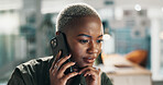 Phone call, business and black woman in office, thinking or listen for financial negotiation. Mobile, consultant and talking to contact at work for investment proposal, wealth management or planning