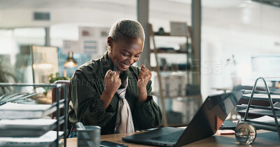 Buy stock photo Black woman, laptop and celebration with fist pump at office with announcement at financial company. African person, broker and computer for goal, promotion or happy with success at investment agency